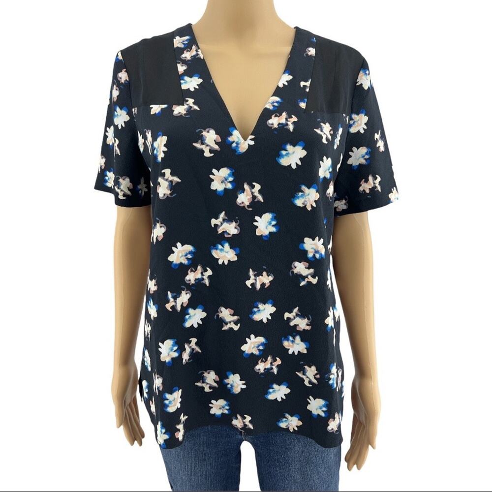 Cooper & Ella MEDIUM Black Floral Chiffon Short Sleeve Top Shirt Blouse